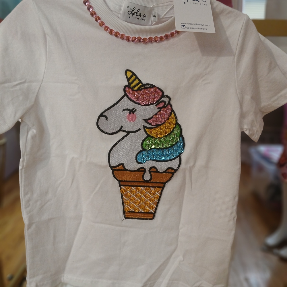 Lola Kids White Tee with Unicorn Ice Cream Design